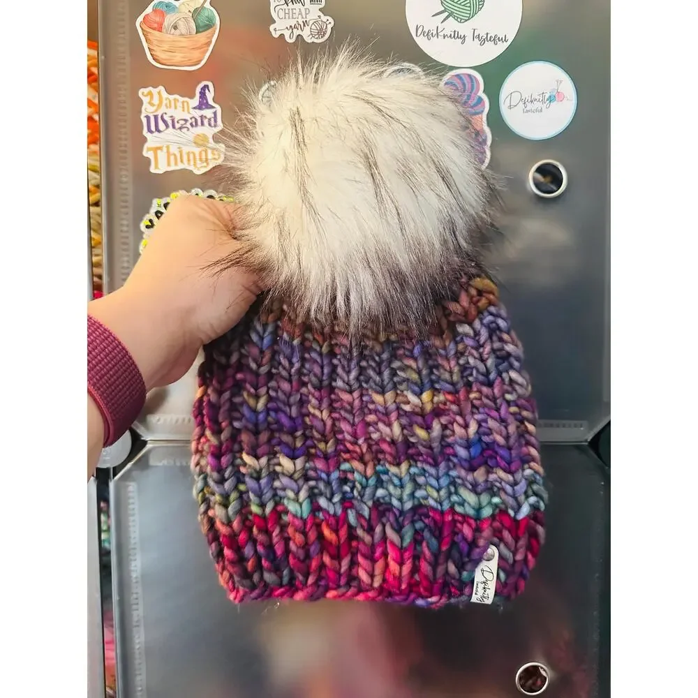 Hand Knit Scrappy Merino Wool Beanie: DefiKnitly Tasteful Knit Hat with Faux Fur
